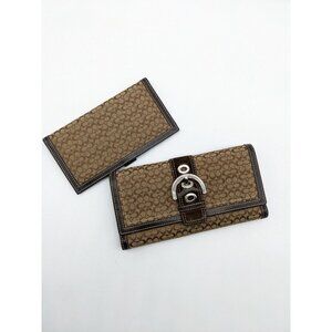 COACH Logo jacquard and leather women's foldable wallet +checkbook 2 PC SET